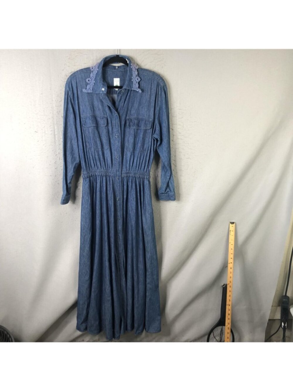 Western Denim Dress Womens L Blue Maxi Crochet Collar Boho Farmhouse Modest - Picture 10 of 16